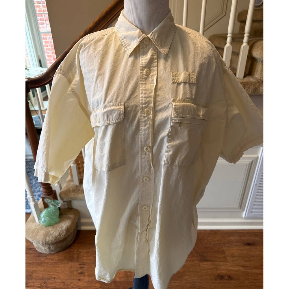 Orvis Mens Short Sleeve Fishing Shirt Yellow Cotton Utility Safari Pocket Large